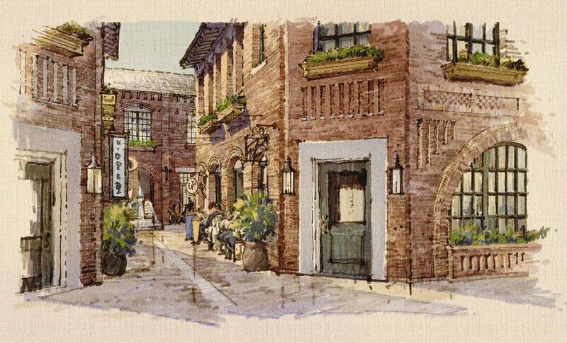 Untitled Perspective rendering of traditional brick commercial building, with prominent stone lintels and large brick arches