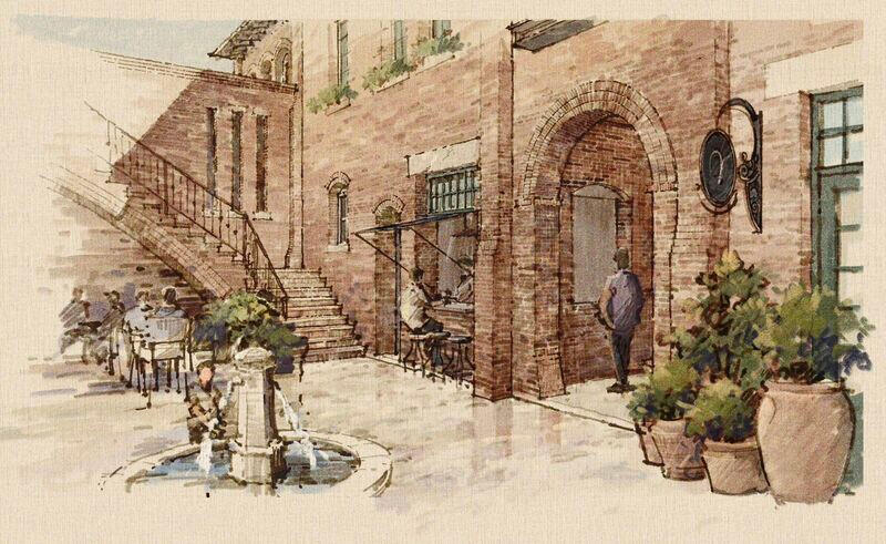 Perspective rendering of courtyard between traditional brick buildings
