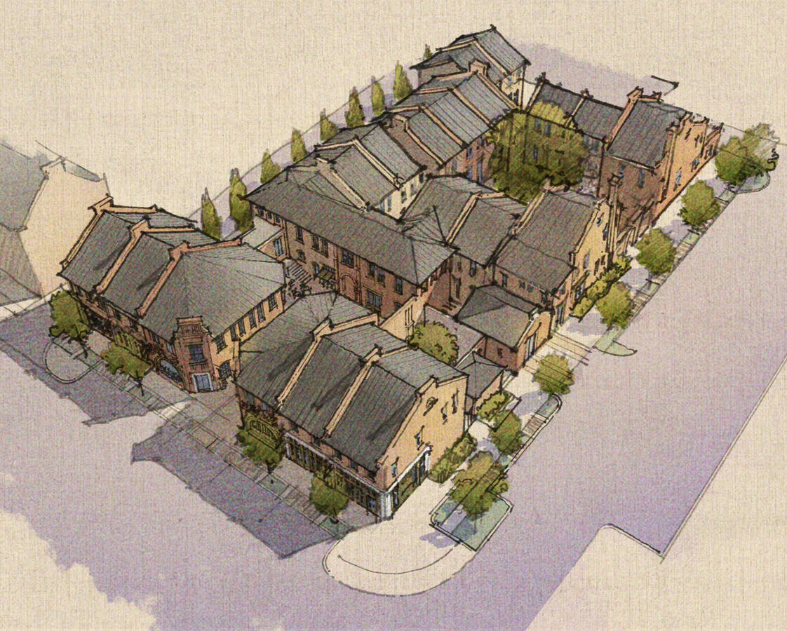 Bird's eye view rendering of traditional brick development