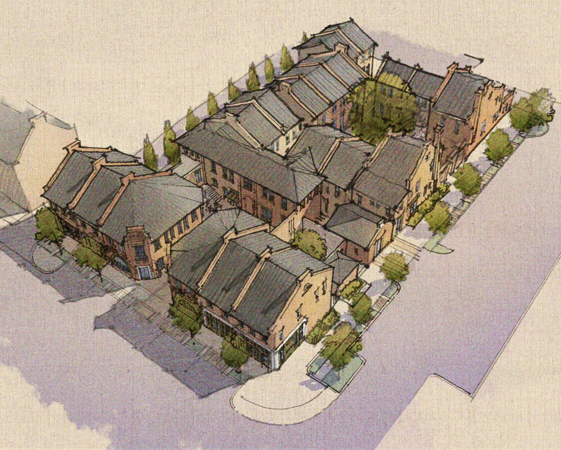 Untitled Bird's eye view rendering of traditional brick development