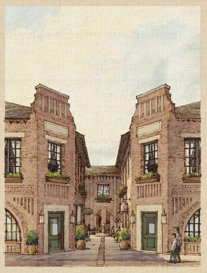 Front elevation rendering of traditional brick two story commercial buildings