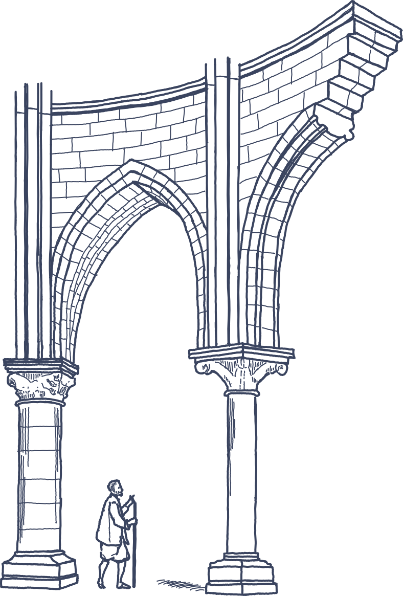 Historic sketch of gothic arches and colonnade, with a pilgrim shown for human scale. Styled after the architectural drawings of 19th century French architect, Eugène Viollet-le-Duc